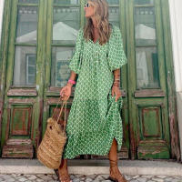 Vestido largo bohemio de verano con manga abombada para mujer, ropa elegante informal con cordón Floral y cuello en V holgado - details 1