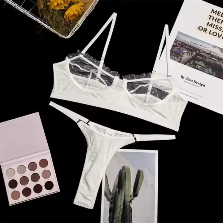 Conjunto de Lencería de Encaje de Malla Transparente Conjunto de Braso Sin Costuras de 2 Piezas para Mujeres Ropa Interior Sexy en Blanco - 1