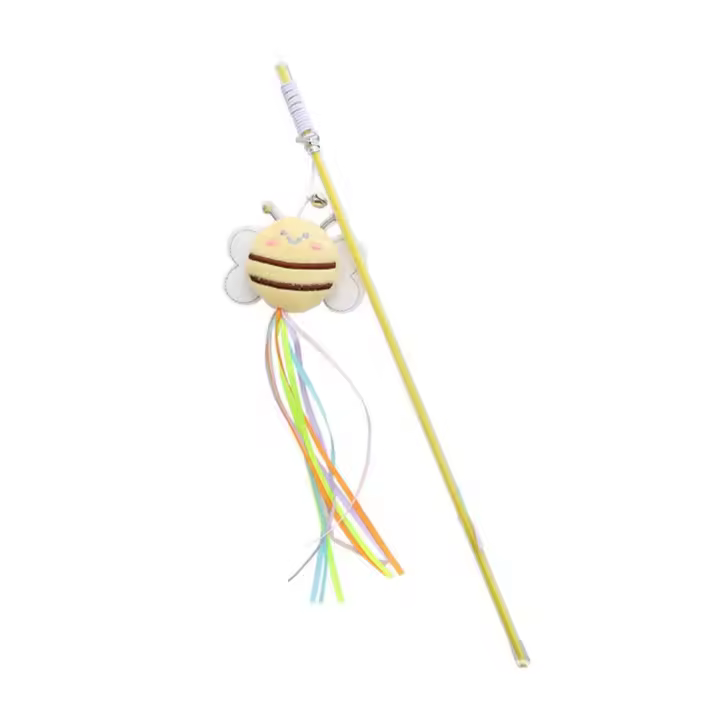Caña de pescar de abeja pequeña resistente a mordeduras, abeja de peluche, varita colorida para gatos con campana, varita para gatos, juguete interactivo para aliviar el aburrimiento - 1