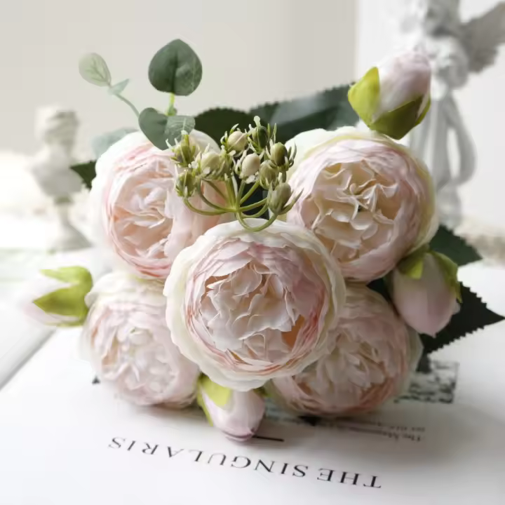 Flores de peonía rosa de seda de 30CM, ramo de Flores artificiales de peonía de 5 cabezas, decoración de mesa, regalos, Flores de simulación - 1