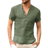 Blusa de algodón para hombre, camiseta informal de manga corta con cuello Henley, talla grande, negro, blanco, gris, vino, rojo, beige - details 6