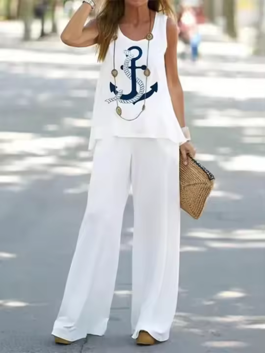 Conjunto de 2 piezas para mujer, tops y pantalones estampados, chaleco elegante, pantalones de verano - 1