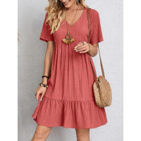 Vestido corto bohemio de verano para mujer, minivestido holgado de manga corta con cuello en V y volantes, informal - details 1