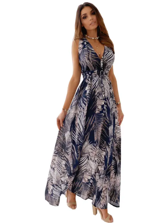 Elegante Vestido Largo de Verano sin Mangas Moda Retro Impresa, Cuello en V, Para Fiestas de Playa - 1