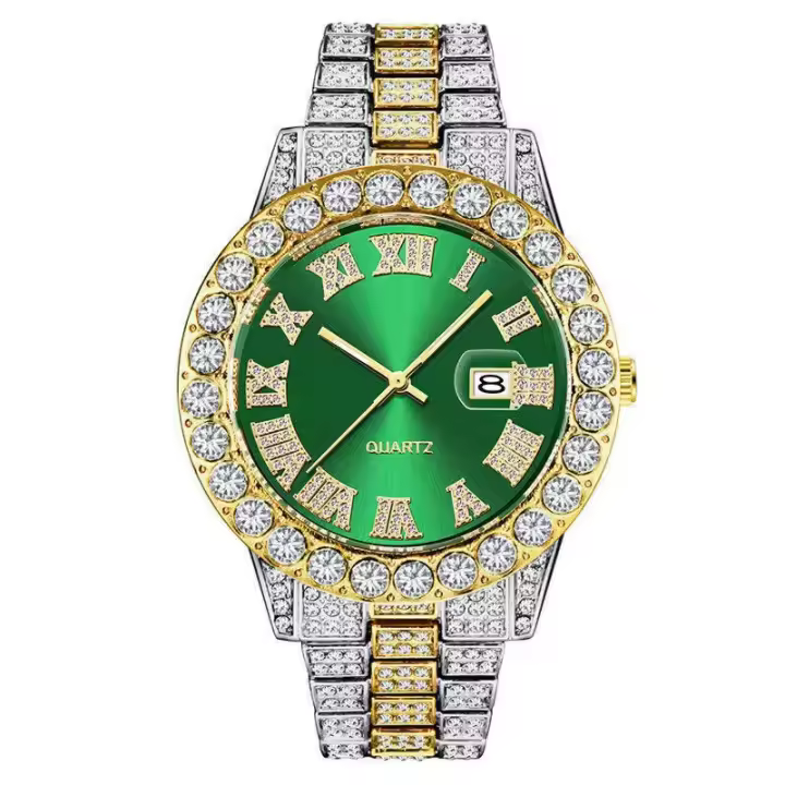 Reloj de hombre estilo hip-hop con esfera grande, calendario y diamantes. - 1