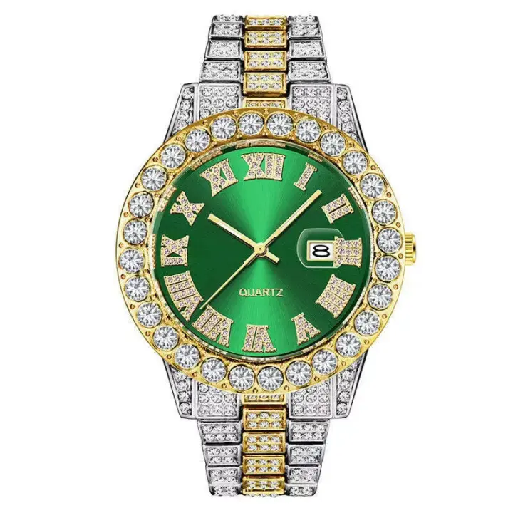 Reloj de hombre estilo hip-hop con esfera grande, calendario y diamantes. - 1