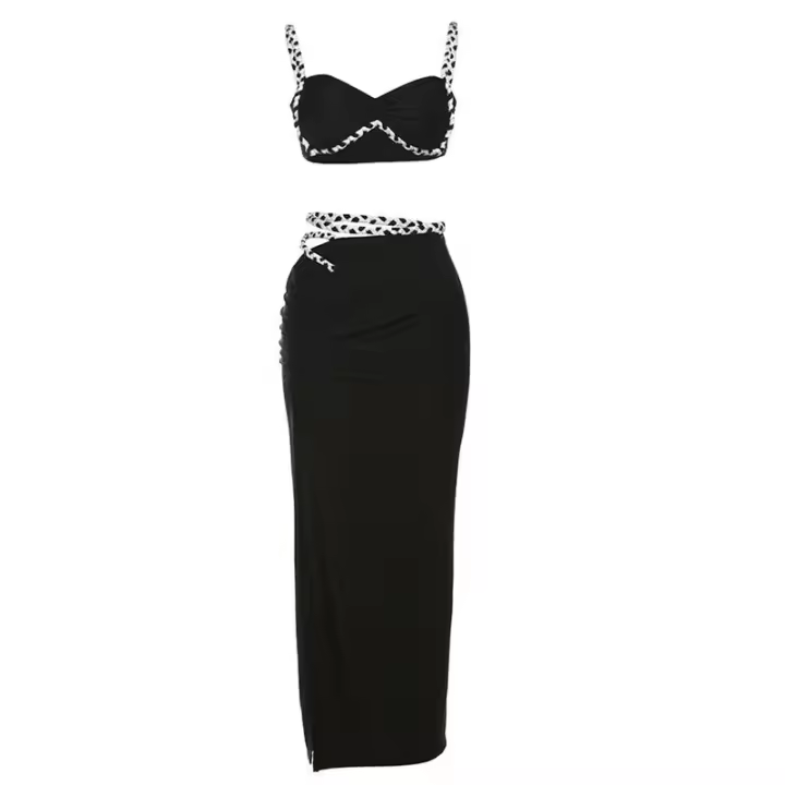BUNO-Conjunto de 2 piezas con trenza de Color de gato extraño para mujer, Tops con sujetador + faldas ajustadas, vendaje con abertura lateral, trajes de tendencia para fiesta en la playa y vacaciones fruncidos - 1