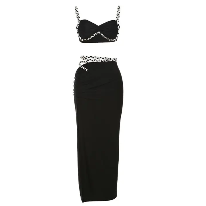 BUNO-Conjunto de 2 piezas con trenza de Color de gato extraño para mujer, Tops con sujetador + faldas ajustadas, vendaje con abertura lateral, trajes de tendencia para fiesta en la playa y vacaciones fruncidos - 1
