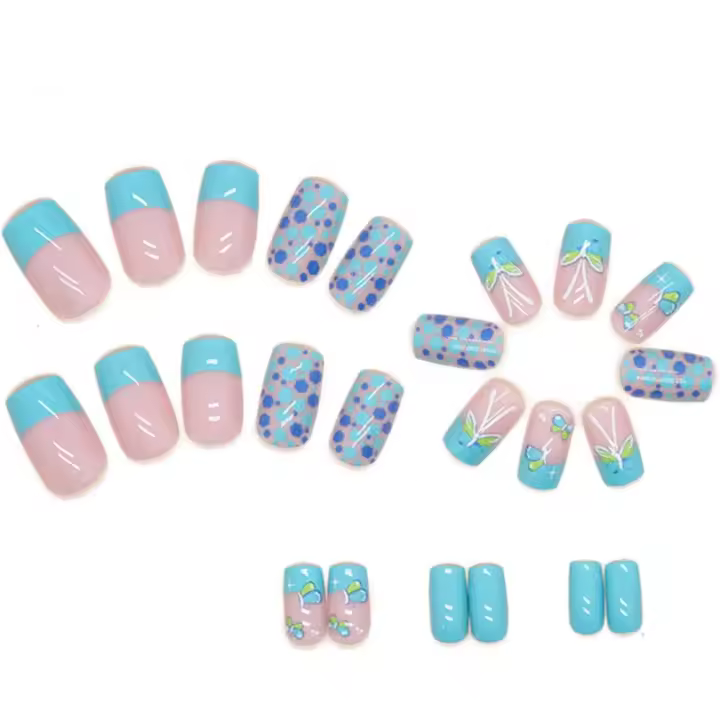 24 uñas postizas cuadradas Cortas adhesivas, azules, con diseño de Mariparas, revibles y con pegamento, 0266Y50 - 1