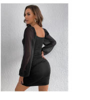 Vestido ajustado elegante y sexy con cuello cuadrado, mangas largas abullonadas de retazos de malla y corte ajustado fruncido para mujer - details 6