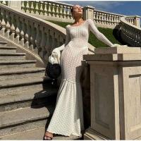 Vestido largo elegante con volantes y borde de encaje para mujer, vestido largo a la moda con cuello redondo y manga acampanada, vestidos largos ajustados para fiesta de verano 2025 - details 24