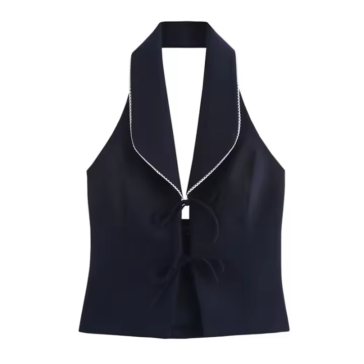 , camiseta sin mangas sin espalda, azul marino, redondo n, sin mangas, lazo de encaje, chaleco de moda para mujer - 1