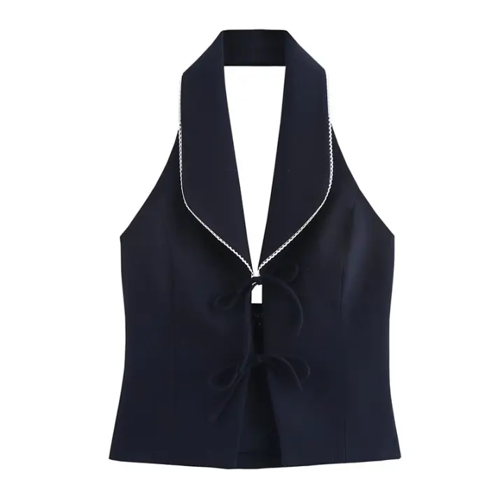 , camiseta sin mangas sin espalda, azul marino, redondo n, sin mangas, lazo de encaje, chaleco de moda para mujer - 1