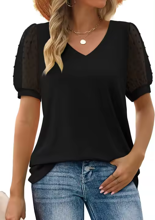 Camisa de manga corta para mujer, top de verano a la moda, cuello en V, color sólido, top informal - 1