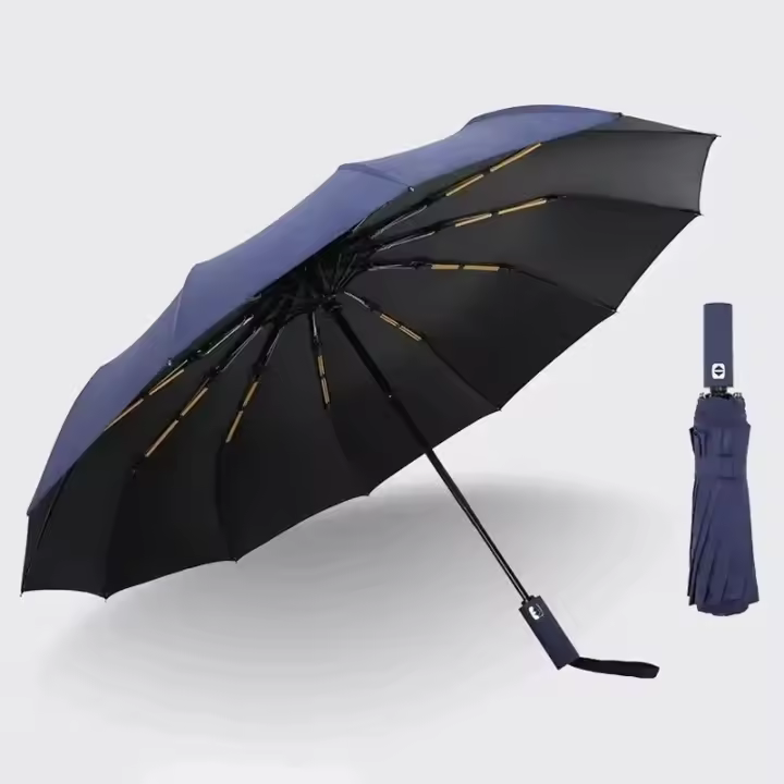 Paraguas Automático de Hueso Negro Grueso, Duradero, Resistente a UV, Diseño Plegable de Tres Foldes para Protección y Estilo - 1