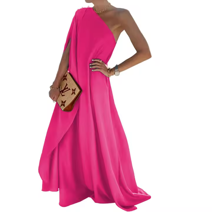 Vestido largo de un hombro para mujer, del temperamento a la moda, color liso, holgado - 1
