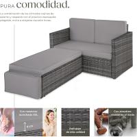 Sofá de Ratán con Taburete Reposapiés, Conjunto Jardín Sillón 2 Plazas, Mueble Jardín Exterior con Cojines Gruesos, Conjunto Terraza Resistente a la Intemperie y Estructura en Acero - Gris - details 3