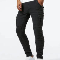 Jeans de Cargo de Denim Pantalones Casuales para Hombres de Cintura Media, Ajuste Delgado, Múltiples Bolsillos, Color Sólido - details 6