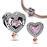 Pulsera Original de Plata de Ley 925 para fabricación de joyas, abalorio calado de dos tonos para mamá y corazón - details 0