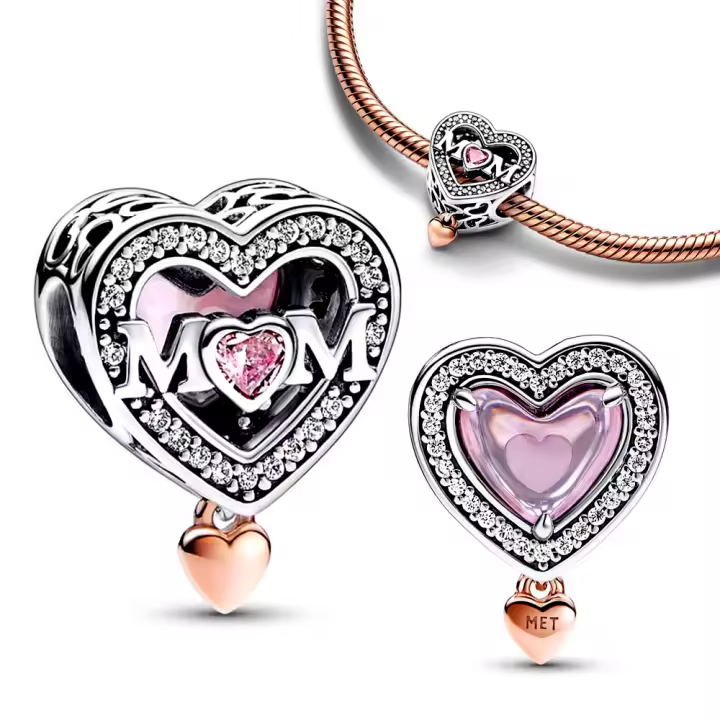 Pulsera Original de Plata de Ley 925 para fabricación de joyas, abalorio calado de dos tonos para mamá y corazón - 1