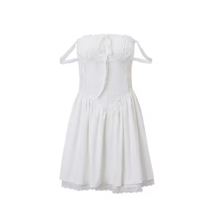 BUNO Mini vestido plisado estético para mujer, elegante Y2K, blanco, sin mangas, cuello cuadrado, con cordones y hombros descubiertos, vestidos de fiesta de primavera - 1
