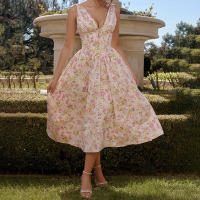 2025 novedad de verano para mujer estilo temperamento viajero Color sólido cuello en V falda con tirantes vestido de longitud media - details 9