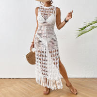 Vestido de Playa de Crochet para Mujer: Cubrebikini Largo Maxi con Espalda Abierta, Flecos y Tejido Abierto - Protección Solar Verano - details 4