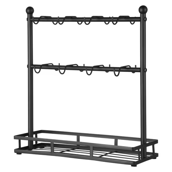 SucceBuy Soporte para tazas de café, 16 ganchos, soporte para tazas de café con base de almacenamiento, estante para tazas de 2 niveles, soporte de exhibición de acero al carbono para almacenamiento y exhibición de barra de café en el hogar, negro mate - 1