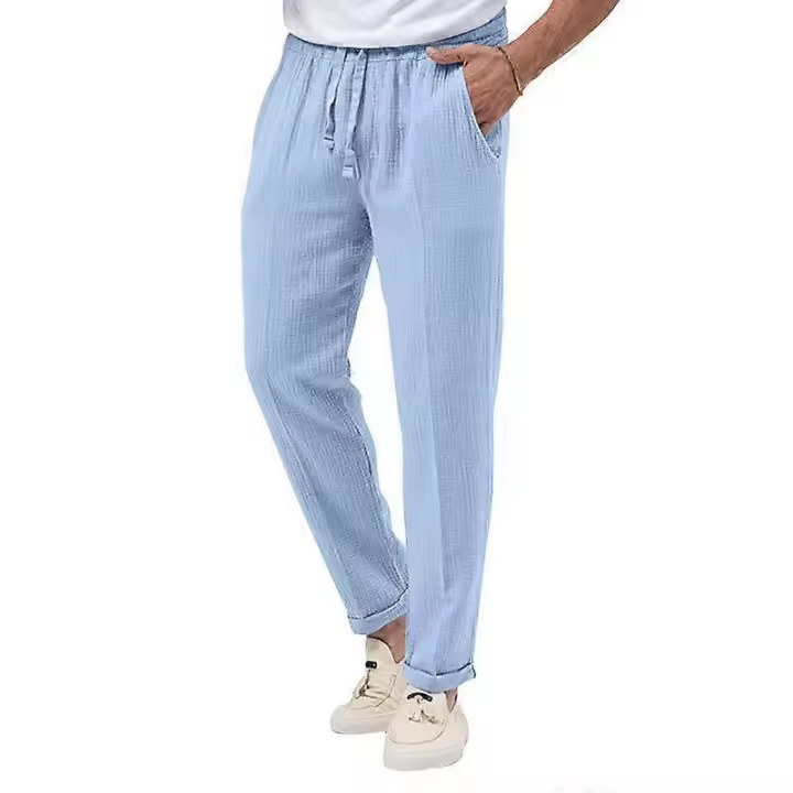 Pantalones de lino y algodón para hombre Pantalones de playa con cintura elástica con cordón BSSM - 1