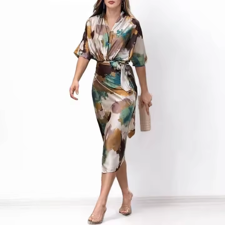 BUNO-Vestido largo elegante para mujer, informal, de verano, para oficina, corto sólido, manga con cuello en V, longitud de la cintura con cinturón, vestidos de fiesta con abertura y lazo - 1