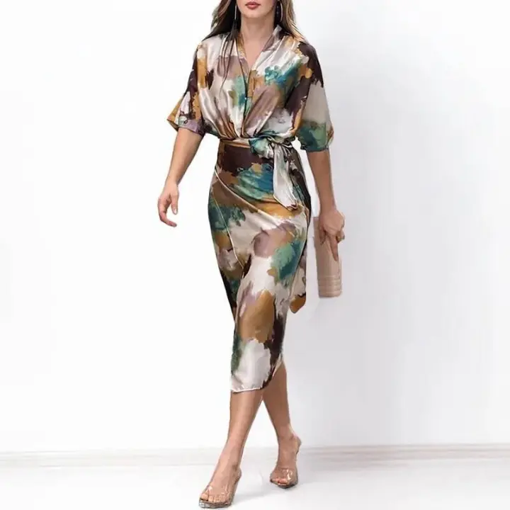 BUNO-Vestido largo elegante para mujer, informal, de verano, para oficina, corto sólido, manga con cuello en V, longitud de la cintura con cinturón, vestidos de fiesta con abertura y lazo - 1