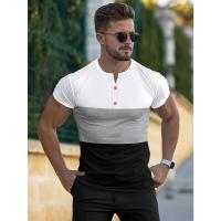 Camiseta deportiva informal de manga corta de verano para hombre, con costuras tricolores y cuello en V con muescas, estilo Henry - details 1