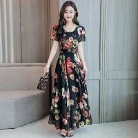 Vestido de seda de hielo con estampado de cuello redondo de longitud media, vestido largo de cintura alta de estilo coreano de verano de 180g para mujeres de mediana edad - details 3