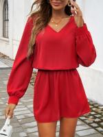 Minivestido informal de manga larga con cuello en V para mujer, color sólido, 2025 - details 12
