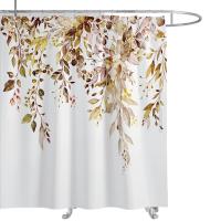 Tela de cortina de ducha de eucalipto verde esmeralda, hojas de plantas de acuarela con juego de cortina de ducha de baño floral con ganchos - details 0