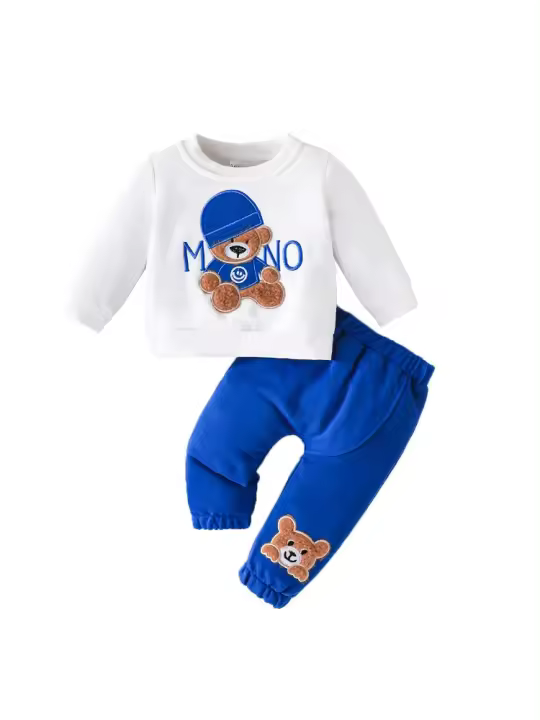 Conjunto de Ropa para Bebé de 3 a 24 Meses Camiseta de Manga Larga con Estampado de Osito de Dibujos Animados Pantalones Azules Marinos Juego de Ropa Infantil - 1