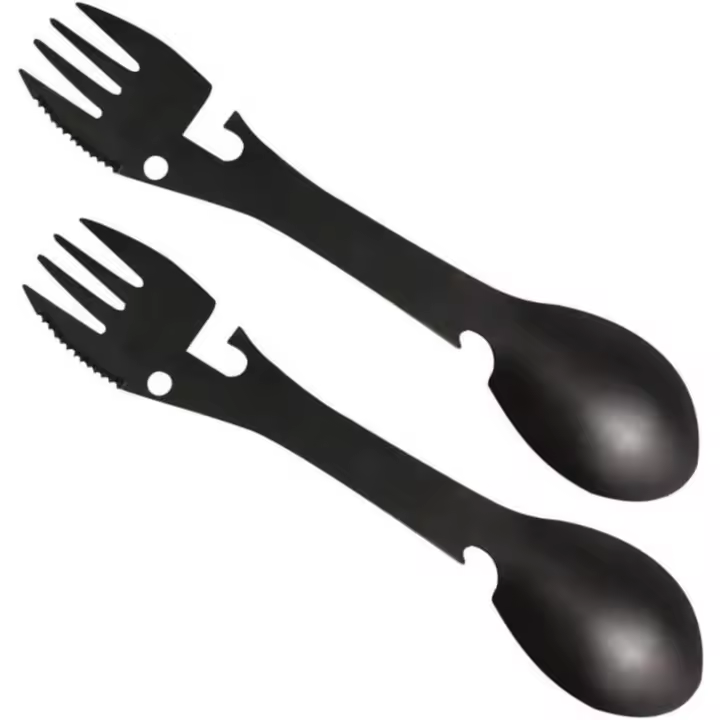 Cuchillo y cuchara de Tenedor integrados, 2 piezas, portátil, para acampar, práctico, para exteriores - 1