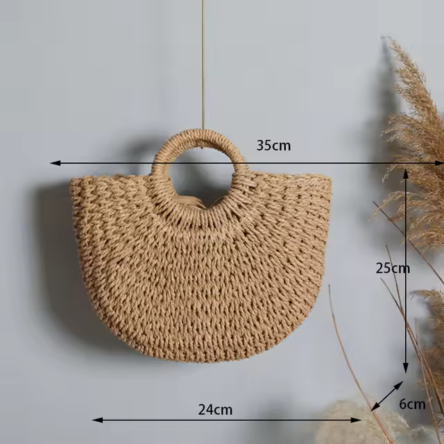 Bolsos de paja con forma de luna para mujer, bolso de mimbre tejido Vintage hecho a mano, ideal para playa, Verano - 1