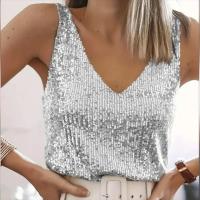 Camisetas sin mangas sexis con cuello en V profundo para mujer, jersey elegante sin mangas, monocromático, lentejuelas brillantes, blusas sueltas, moda, verano - details 3