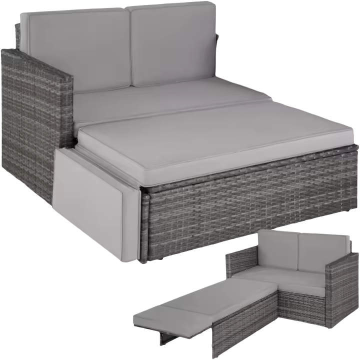 Sofá de Ratán con Taburete Reposapiés, Conjunto Jardín Sillón 2 Plazas, Mueble Jardín Exterior con Cojines Gruesos, Conjunto Terraza Resistente a la Intemperie y Estructura en Acero - Gris - 1