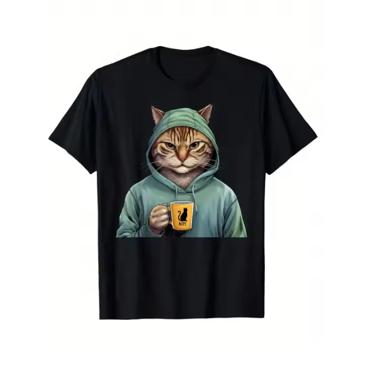 Camiseta con estampado de gato - Unisex adulto, negra, informal y cómoda, 100% algodón, con capucha, diseño de gato, corte holgado, tallas S-XXXL - 1