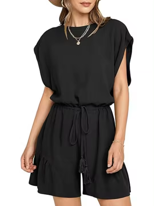 Verano nuevo mono de algodón y lino mono suelto de manga corta con cintura casual Mono de lino informal de verano para mujer Cuello redondo Espalda abierta Mono corto con volantes y cordón - 1