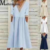 Verano para mujer talla grande cuello en V media manga algodón y lino vestido caftán con bolsillo estilo oficina - details 1