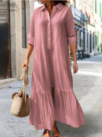 Vestido Largo de Algodón y Lino Manga Larga, Botón, Color Sólido, Borlas Sueltas - details 11