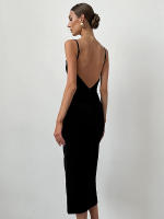 Vestido largo negro sin espalda, entallado, versátil, con abertura y tirantes finos, nuevo diseño de primavera. - details 6