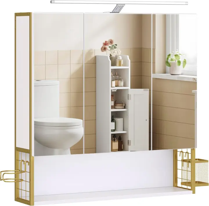 Armario de Baño con Luz LED 16,5 x 70 x 75 cm Toma Corriente Cesta Colgante Soporte para Secador - 1