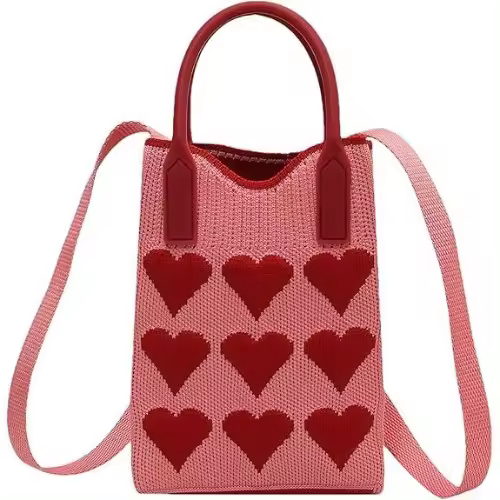 Bolso bandolera para teléfono móvil para mujer, pequeño bolso de crochet con estampado de corazones, color rosa - 1