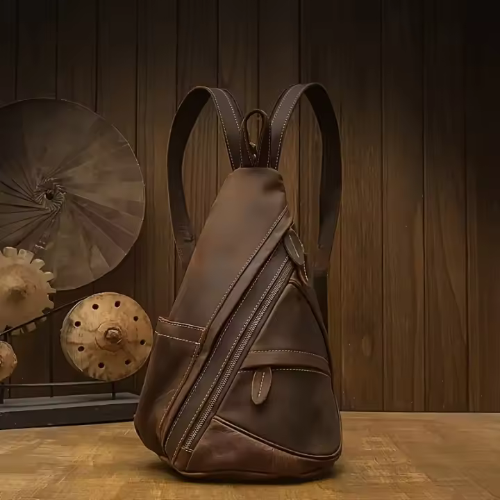 Bolso de pecho vintage de cuero de caballo loco genuino para hombres, mochila de hombro multifuncional de gran capacidad con correa ajustable, piel de vaca de capa superior, marrón, perfecto para salidas informales y viajes, mochila de cuero - 1