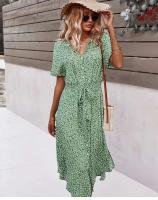 Verano Mujer ral estampado pantalón corto Casual manga botón vacaciones Midi vestidos mujer cuello pico playa vestido bata - details 2