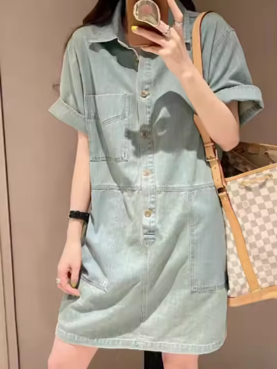 Vestido de Denim para Mujer de Moda Estilo Suelto, Cuello de Polo, Falda Midi en Forma de H - 1